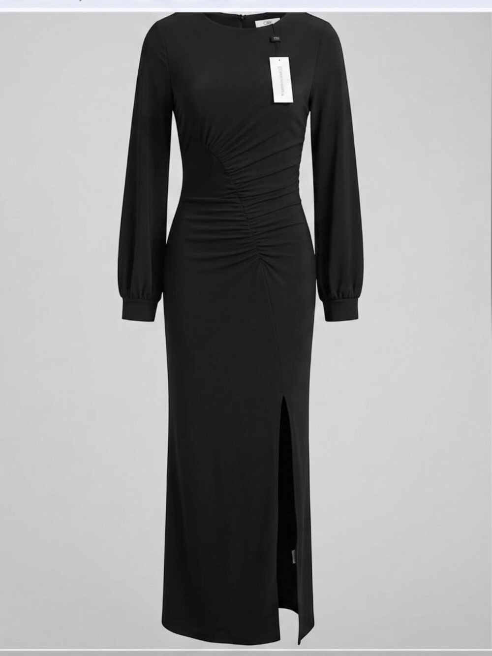 BNWT CBR Black Ruched Bodycon Long Sleeve Slit Dress Size L Office Party